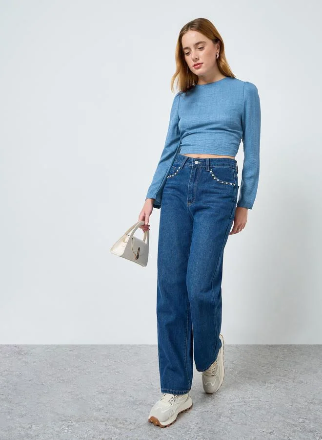 تايك تو بلوزة سادة بتفاصيل بارزة الملمس وخصر محدد